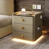 Table de chevet moderne de luxe en bois avec haut-parleurs à chargement sans fil LED, 3 tiroirs, meuble flottant en cuir noir pour chambre à coucher