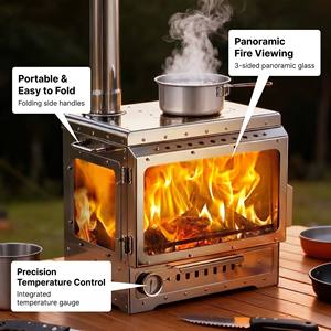 Poêle à bois portable en acier inoxydable <span class=keywords><strong>de</strong></span> qualité supérieure avec fenêtre <span class=keywords><strong>de</strong></span> visualisation en verre sur 3 côtés, pour tente, barbecue, pêche et rassemblements - Product Image 2