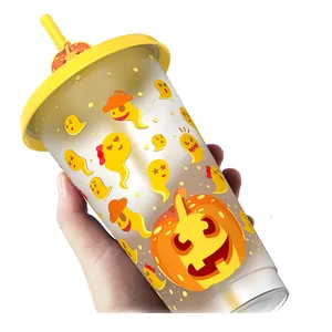 Halloween Ghost Pumpkin Pp Drink Party Color Cold Plastic cambia colore Cup con coperchio e cannuccia