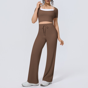 Ensemble de yoga deux pièces pour <span class=keywords><strong>femme</strong></span>, couleur unie, bicolore, effet seconde peau, haute élasticité, imitation respirante, infroissable, avec cordon de serrage - Product Image 3