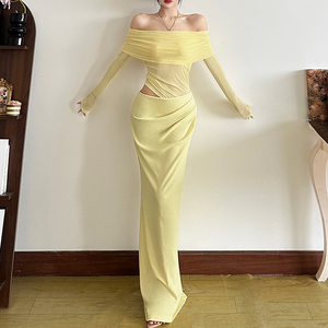 Nuovo Abito Lungo <span class=keywords><strong>da</strong></span> Donna Sexy in Rete Trasparente con Cut-out, Spalle Scoperte, Maniche Lunghe e Dettagli Arricciati, Vestito Aderente per Ospiti di <span class=keywords><strong>Matrimonio</strong></span> e Feste - Product Image 4
