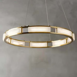 Round Brass LED <b>Chandelier</b> With Acrylic Shade Gold Color For Living Room Warm White <b>Light</b> 3500K Dimmable E27 <b>Bulb</b> Base - Product Image 3