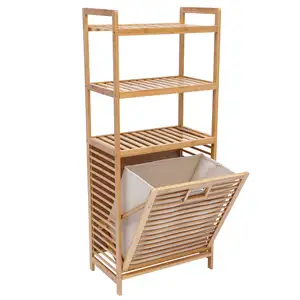 Bamboo Freestanding Laundry Hamper Basket With 3 Tier Storage Shelves Rack Stand