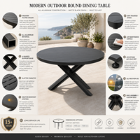 Mesa de Comedor Redonda de Aluminio para Exteriores, con Base Cruzada y Tablero de Aluminio con Rejillas en Negro Mate, para Patio o Jardín