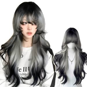 วิกผมยาวหยิกแบบมีหน้าม้า สีดำไล่ระดับขาว แบบผมธรรมชาติ  ใยสังเคราะห์คาเนคาลอน  วิกเต็มศีรษะ ยี่ห้อในประเทศ - Product Image 5