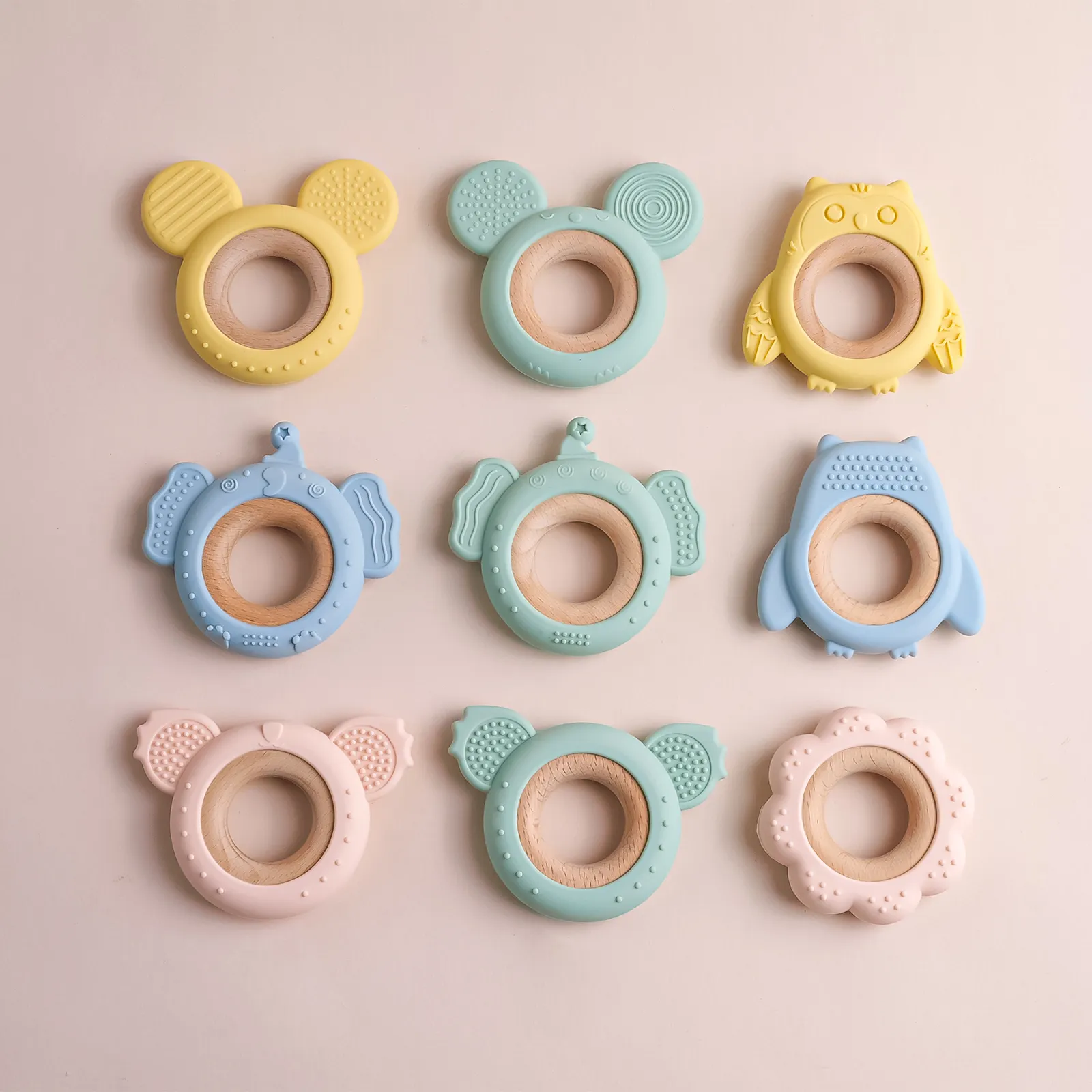 2024 Neueste Custom Cute BPA Free Lebensmittel qualität Silikon Baby Beiß ringe Holz DIY Still Halskette Charms Holz Beißring