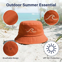 Chapeau Bob Unisexe Tendance en Coton Brodé Motif Vague Orange, Protection Solaire Extérieure, Large Bord, Style Streetwear