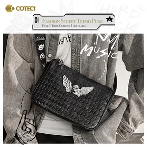 COTECi Unisex Men's Crossbody Bag Skull Clasp Handbag IPad Mobile Phone Compartment Trendy Rivet Design PU Material Shoulder Bag