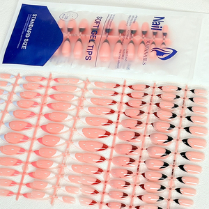 144 Pezzi <span class=keywords><strong>Unghie</strong></span> Finte Francesi a <span class=keywords><strong>Mandorla</strong></span> Media, Semplici Punte Rosse e <span class=keywords><strong>Nere</strong></span> Lucide per Copertura Completa - Product Image 1