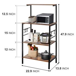 Étagère de boulangerie pour cuisine Étagère de rangement à 4 niveaux Chariot à micro-ondes Support de bar à café avec 4 crochets Boulangers pour salle de cuisine - Product Image 4