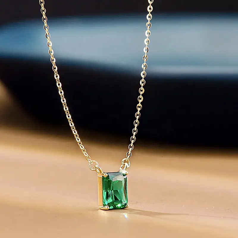 Luxury Women 925 Sterling Silver 14K Gold Plating Simple Square Emerald Stone Necklace Bracelet Set Jewelry