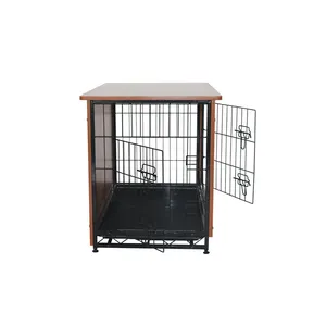 Wholesale Double Doors Metal Wooden Dog Crate Pet Dog Crate End Table Furniture with Removable Tray Dog Cage