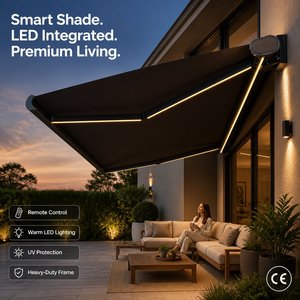 Auvent rétractable motorisé avec télécommande et éclairage LED <span class=keywords><strong>pour</strong></span> balcon, terrasse extérieure, parasol, filet pare-soleil - Product Image 1