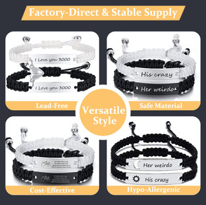Ensemble de 2 bracelets personnalisés en corde argentée gravée, acier inoxydable 304, logo laser pour couples, <span class=keywords><strong>bracelet</strong></span> magnétique en forme de cœur pour hommes et femmes, style punk - Product Image 2