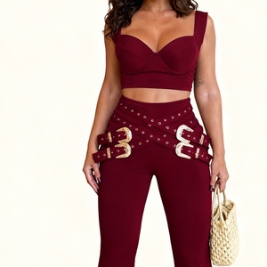 เสื้อสายเดี่ยวทรงสปาเกตตี้พร้อมกางเกงแต่งเข็มขัดชุด2ชิ้นแฟชั่นแบบลำลองสำหรับผู้หญิง - Product Image 2