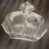 Sweat à capuche streetwear OEM pour homme, coupe courte et carrée, effet délavé, avec surpiqûres contrastées, ourlet brut, effet usé, fermeture éclair, 450 GSM, avec patch brodé personnalisé