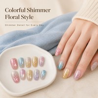 T1834 Kaixin Vente en gros Faux ongles à presser courts elliptiques avec motifs floraux, finition brillante, effet chatoyant pastel, effet œil de chat
