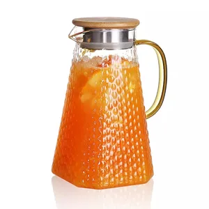 Large Big Unique Glass Diamond Pattern Beverage and Water Jug Pitcher with Lid and Spout Cold and Hot Water Carafe Glassware