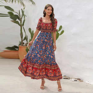 Robe longue décontractée bohème à manches courtes bouffantes et épaules dénudées à motif floral pour femme et fille – Collection été – Grande Vente - Product Image 5