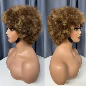 Ucuz 6 inç Pixie puf kabarık saç peruk, siyah kadınlar için kısa Afro Kinky kıvırcık insan saçı peruk, makine yapımı aşınma ve gitmek peruk
