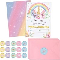 Ensemble d'invitations pour fête d'anniversaire sur le thème de la licorne avec enveloppes, autocollants, formulaires à remplir pour les enfants et les filles, célébration magique arc-en-ciel, vente en gros