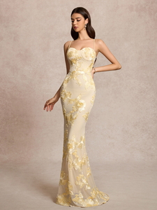 Abito da festa elegante da donna senza maniche, senza schienale, <span class=keywords><strong>con</strong></span> <span class=keywords><strong>spalline</strong></span> <span class=keywords><strong>incrociate</strong></span> regolabili, stampa floreale ricamata in 3D e orlo a coda di pesce - Product Image 4