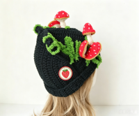 Bonnet en tricot noir personnalisé style Fairycore avec oreilles de chat, champignons et mousse en crochet 3D, design Lee, vente en gros