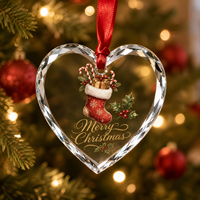 Ornement en verre cristal transparent en forme de cœur avec image personnalisée, ornement en verre cristal pour cadeau sur le thème du chaussette de Noël