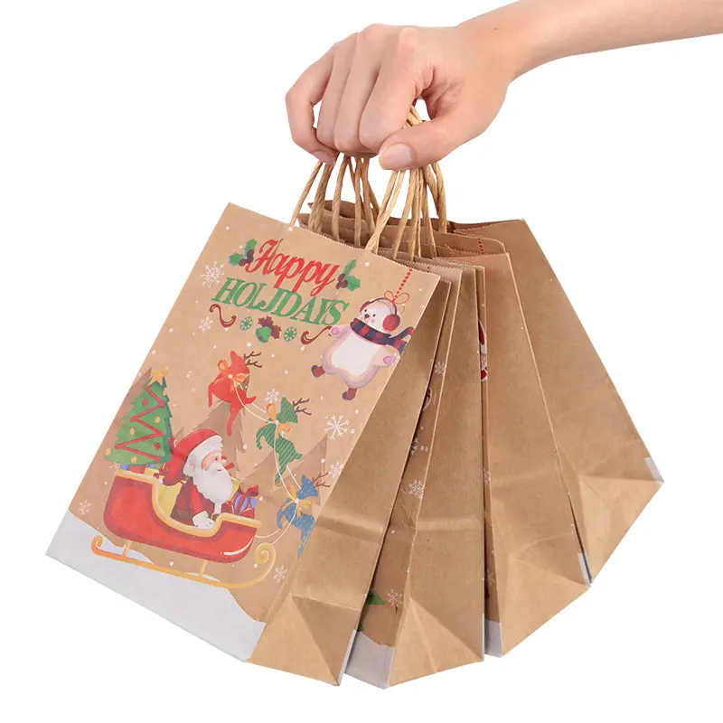 Christmas Gift Bag with Handles Kraft Paper Bags Santa Claus Snowman 2023 Xmas Party Candy Bag Cookie Present Decor