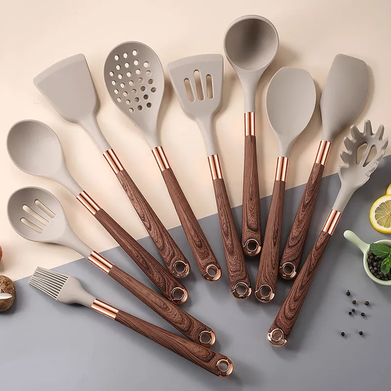 Ensemble d'ustensiles de cuisine en silicone résistant à la chaleur pour la cuisson ensemble de spatules d'ustensiles de cuisine avec poignées et support en bois