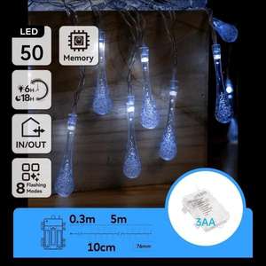 Chaîne de lumières LED en forme de goutte de pluie, piles 3AA, 5 m, couleur blanc givré ; idéale pour la décoration et l'ambiance en - Product Image 1