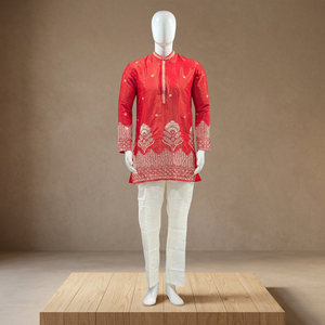 Ensemble Kurta Rouge Premium Scintillant pour Homme avec Broderies Perles Riches et Pantalon Coupe Bootcut Séchage Rapide Été Indien/Pakistanais - Product Image 5