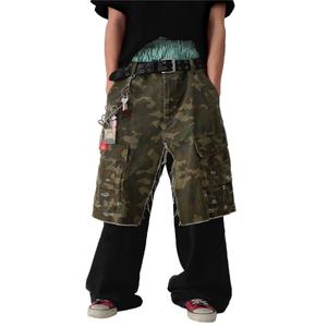 Wholesale Casual High Quality 100% Cotton Washed Black Denim Patchwork Vintage Faded Distressed Camouflage <b>Men's</b> <b>Cargo</b> <b>Pants</b> - Product Image 3