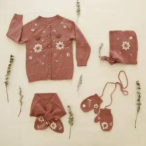 80-110厘米婴儿儿童羊绒开衫可爱女孩毛衣手工花卉刺绣