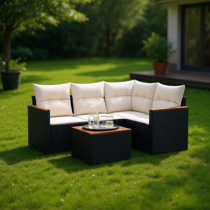 Ensemble de canapés de jardin noir et crème avec structure en rotin PE, coussins en mousse haute densité, mobilier d'extérieur au design contemporain - Product Image 2