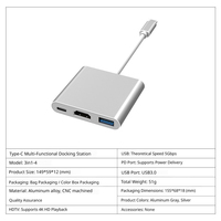 Adaptador USB C 3 en 1 al por mayor con cable, HDMI 4K, USB 3.0 y carga rápida PD de 100W, convertidor multipuerto de aluminio tipo C para laptop