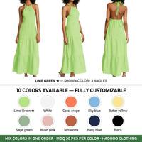 Fabricants de vêtements, services OEM/ODM, services personnalisés, robe longue décontractée pour femmes, col halter, dos ouvert, en coton