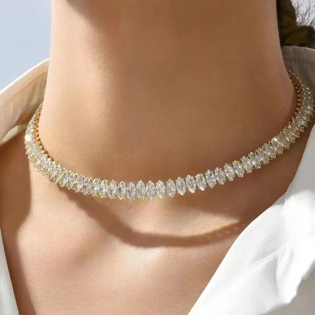 패션 쥬얼리 합금 금속 골드 도금 다이아몬드 목걸이 40cm 지르콘 장식 초커