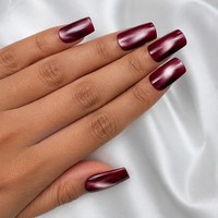 Faux ongles magnétiques courts carrés effet œil de chat personnalisés, bordeaux foncé, gel brillant chatoyant, vente en gros OEM