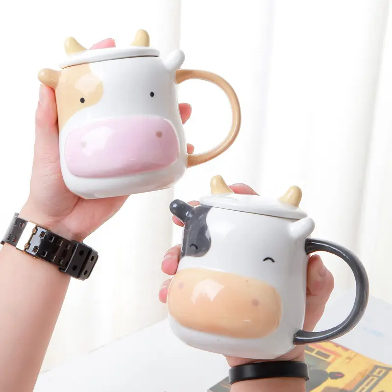 3D cute cow shape water cup children cartoon ceramic cup large capacity milk coffee cup with lid spoon