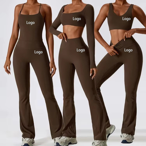Conjunto de dos piezas acanalado para mujer, ropa de descanso y entrenamiento, a prueba de golpes, ajustado, para ocio y ejercicio. - Product Image 1