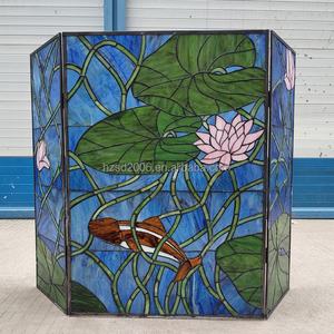 Écran de cheminée Tiffany en verre artistique décoratif, style campagnard européen, motif lotus et poissons, soudé à la feuille d'étain, 40''*28'' - Product Image 6