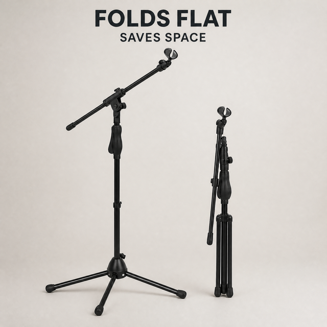 Foldable Portable Tripod Mic Stand with Boom Arm, Adjustable Height Black Metal ABS Microphone Stand for Studio Podcast Karaoke