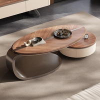 Table basse ovale en bois massif de luxe léger, style villa, pour salon, design haut de gamme, couleur noyer, cuir