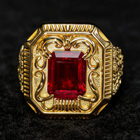Bijoux fins, bague en argent S925 plaquée or 14 carats, rubis, style vintage, rectangle sculpté, pierre précieuse rouge, bague large en rubis pour homme