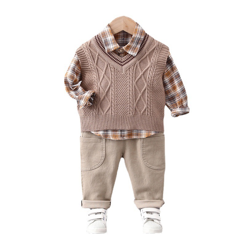 Boys' Sweater Vest Three-piece Spring and Autumn New Handsome Baby Boy Spring Clothing Style Children Suit