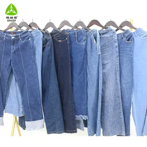 Wanita bekas baju produsen celana Denim kaki lebar celana celana panjang Korea baju kasual