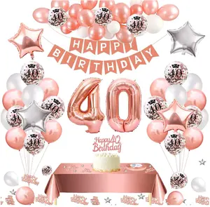 Rose Gold Happy 40th Birthday impresso Confetti Latex Balloon set e Banner Bolo Topper para 40th Women Birthday Party Decoration
