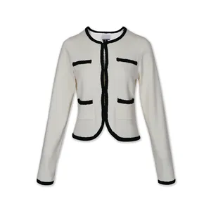 Kadınlar için High End Trendy stil yuvarlak boyun uzun kollu cep örgü hırka kazak