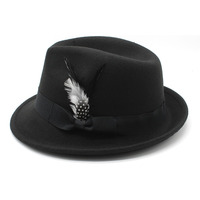 FF2179 Gros Gentleman Jazz Feutre Chapeau D'hiver Plume Ruban Roll up Robe Cap Chaud Hommes À Bord Court Trilby Fedora Chapeau